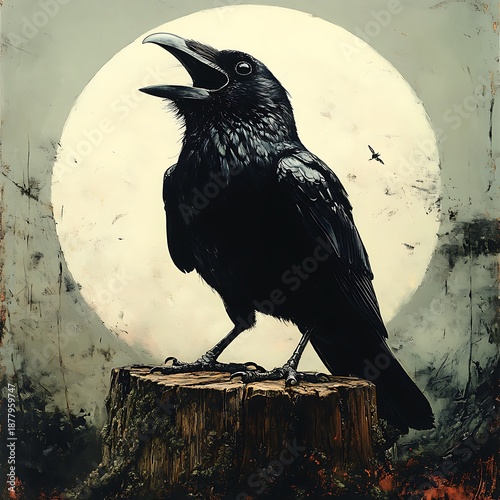 Photo Black crow with open beak on a tree stump against a large moon bird black bird