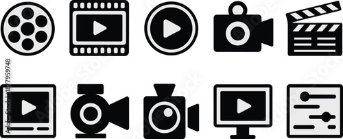 Essential film video production icon set for movie making and digital media content creation professional videography and cinematography equipment collection for social media cinematic arts and entert