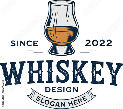 Vintage whiskey glass logo design template for distillery branding handcrafted batch bourbon scotch label retro alcohol beverage emblem premium liquor brand identity dark spirit advertisement pub bar