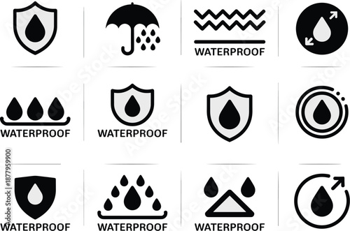 Waterproof Icon Set Representing Protection and Resilience for Product Packaging and Marketing Materials Demonstrating Durability and Reliability in Various Conditions for Advertising Campaigns and Br