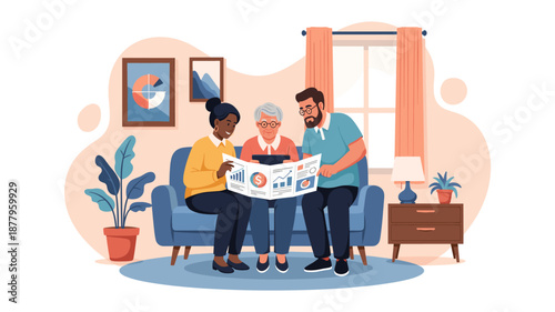 Family Reading Newspaper Together on Sofa.