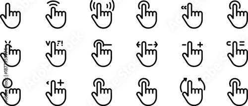 Set of finger touch gestures vector linear icons for mobile interfaces and web applications hand cursor tap click hold drag zoom in out rotate simple outline symbol for ui ux design technology concept