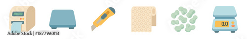 Collection of essential everyday objects and tools, such as a receipt printer, utility knife, and digital scale, rendered in a clean flat design.