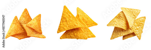 Piles of golden corn tortilla chips with textured surfaces isolated on a transparent background nachos
