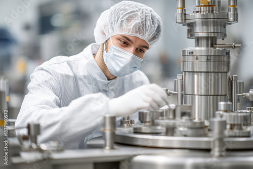 A technician in a sterile environment operates complex machinery, wearing protective gear to ensure safety and precision in their work.