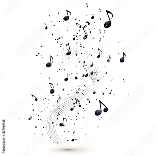 Photo Black Music Notes and Symbols Swirling on White Background treble clef eighth note