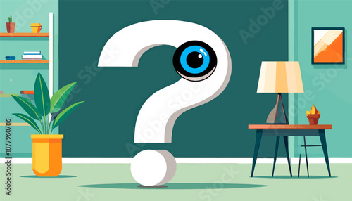 Large question mark with an eye, indoor scene with shelves, plants, and lamp