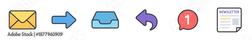 Email and communication icons representing digital messaging, inbox management, sending, replying, and receiving notifications or newsletters.