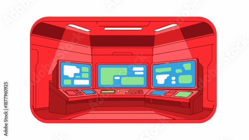 Futuristic red control room with multiple screens displaying abstract data and illuminated panels