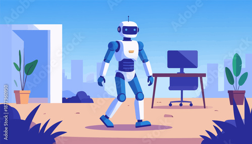 Futuristic robot walks through an office with plants and a desk setup