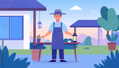 Gardener with lantern tending to potted plant in backyard at dusk