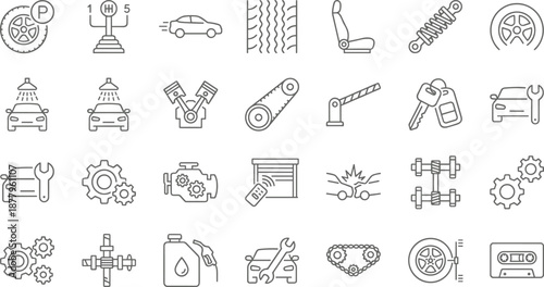 Car service and automotive repair line icon set with vehicle parts, maintenance, engine, suspension, wheels, tools, and garage symbols