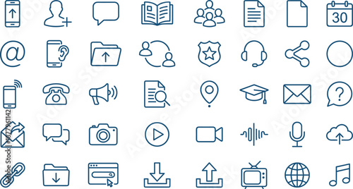 Communication and user interface line icon set with messaging, media, documents, contacts, sharing, upload download, and app symbols