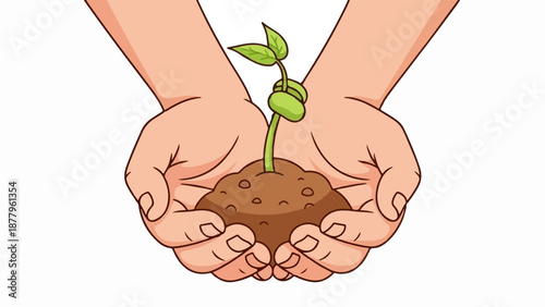 Gentle hands cradle a small plant growing from rich soil, symbolizing new life