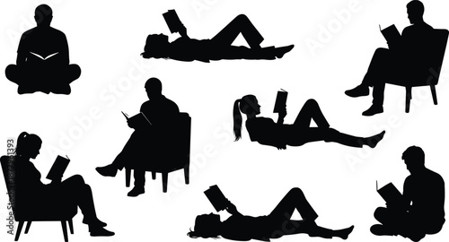 Set of silhouettes of people reading books in different poses, sitting in armchair, lying on floor, students studying, library, isolated,