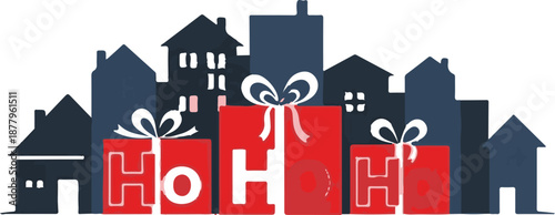Festive red gifts with "Ho Ho Ho" sit before a silhouette of dark city buildings