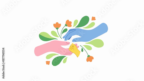 Gentle hands nurture a small fist surrounded by vibrant leaves and flowers