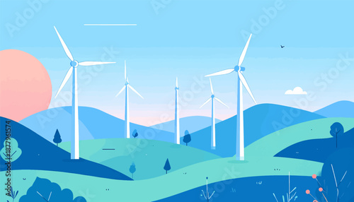 Gentle hills, wind turbines and a rising sun under a pastel sky