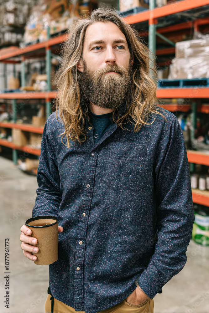 Fototapeta premium A man with long hair and a beard holds a cup in a warehouse, showcasing a casual and thoughtful demeanor amidst shelves of products.