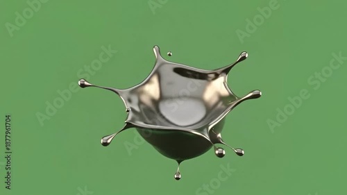 Abstract silver chrome liquid splash crowning on green background
