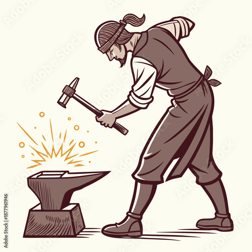 Medieval swordsmith forging sword on anvil with hammer near fire sparks white background