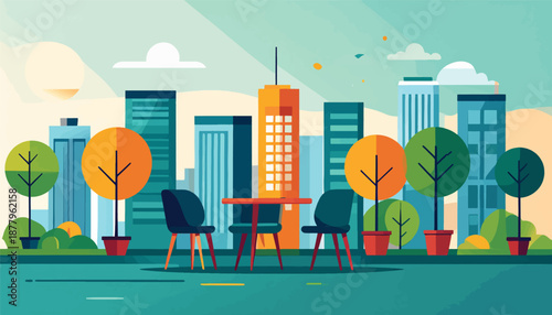 Flat illustration of a city park with tables, chairs, and trees in front of buildings