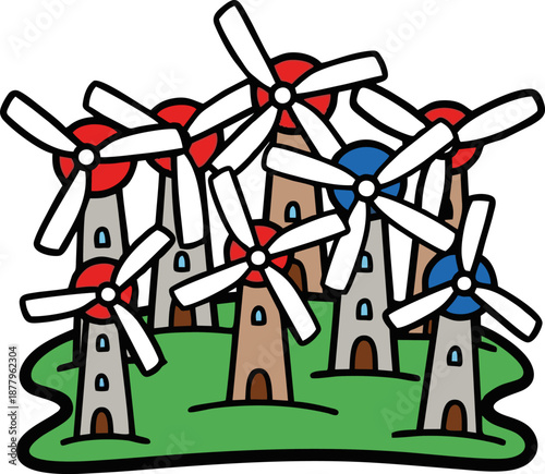 Cartoon Windmills on Green Hill Generating Renewable Energy.