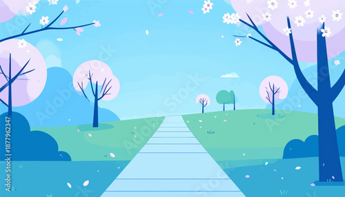 Gentle park path leads through blossoming trees under a serene sky