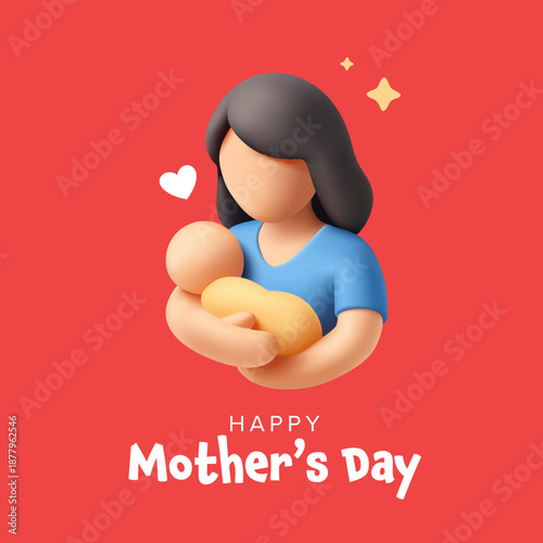 Happy Mother's Day, red banner with 3D mom holding baby. For greetings, gifts, Motherhood, care, love concepts. Vector illustration.