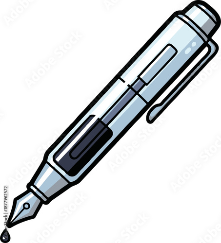 Classic Fountain Pen with Ink Drop Illustration.