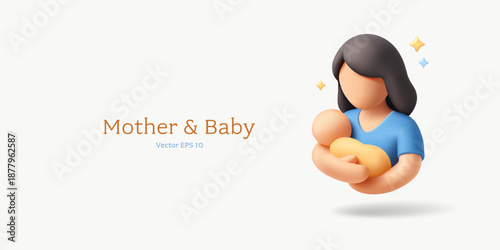 Motherhood, love, care for a newborn. Mom holds a baby in her arms, 3D. For concepts of Mother's Day, breastfeeding, baby care training. Vector illustration.