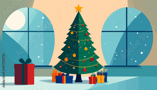 Festive tree, gifts, and snowy windows create a cozy winter scene indoors