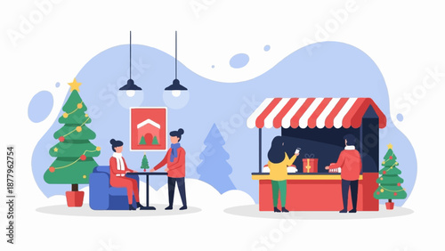 Festive winter scene with people at a Christmas market stall and cafe with trees