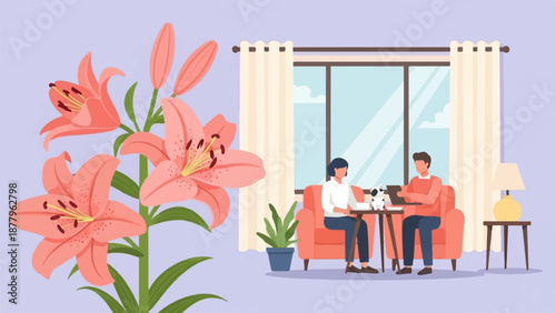 Gentle scene of a couple with a pet, framed by soft curtains and vibrant lilies, symbolizing domestic tranquility