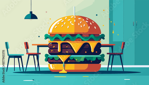 Giant burger with melted cheese sits on a table between chairs in a minimalist room