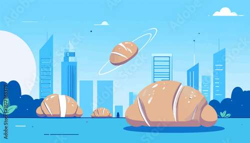 Giant croissants and bread loaves float in a stylized blue city landscape under a bright sky with clouds