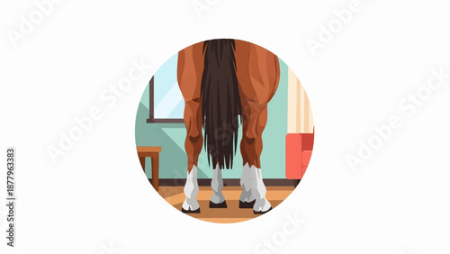 Horse's hindquarters in a room with a sofa and window