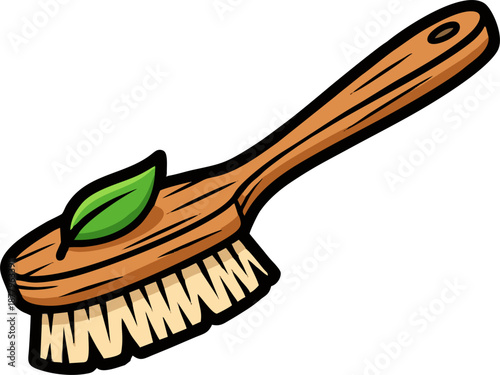 Eco-friendly wooden cleaning brush with green leaf accent.