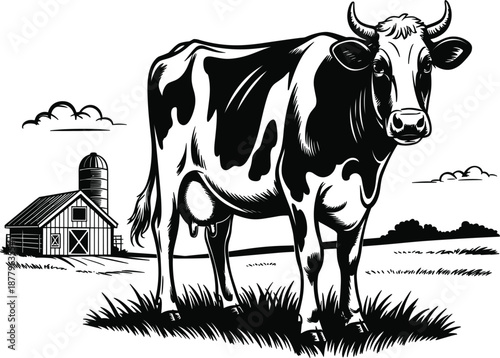 Vintage dairy cow in farm pasture sketch, black and white barn with silo vector illustration