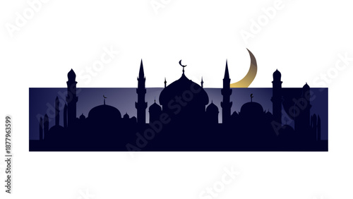A silhouette of various mosque domes and tall minarets against a night sky with a crescent moon