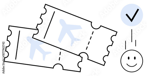 Airplane tickets. Travel planning and online ticket booking highlighted by airplane tickets, a checkmark, and a happy face icon. Ideal for tourism, vacations, e-commerce, mobile apps, digital