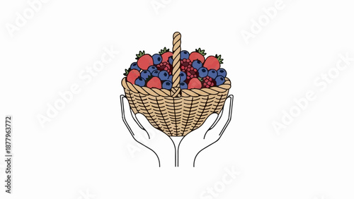 Hands cradling a woven basket overflowing with colorful strawberries, blueberries, and raspberries