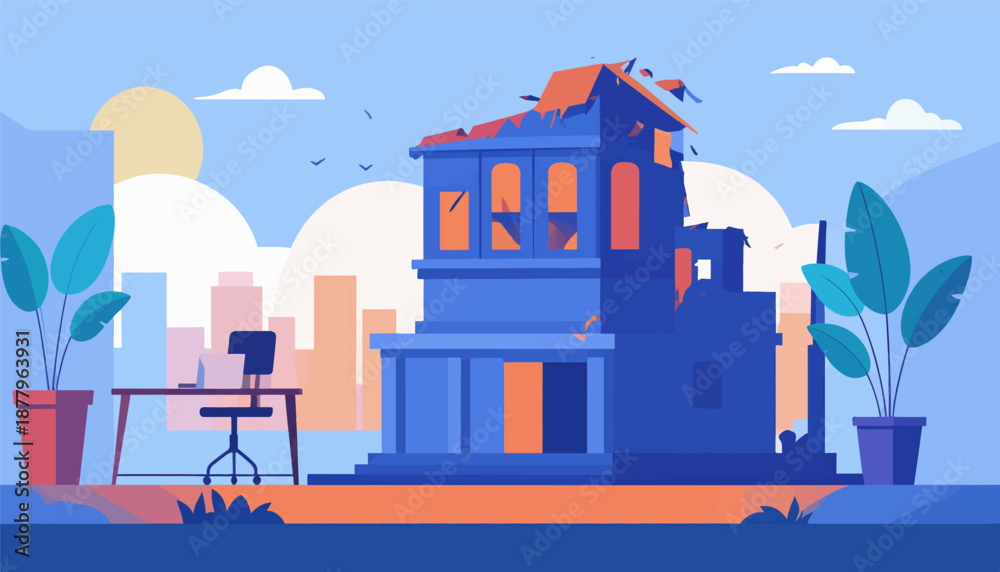 Naklejka premium Flat design illustration of a dilapidated blue building with plants and city skyline