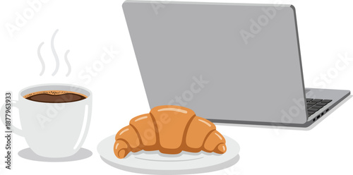 Morning Remote Work Setup Laptop Hot Coffee and Croissant Illustration wfh