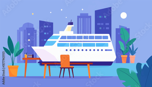 Flat design illustration of a large cruise ship docked behind a city skyline