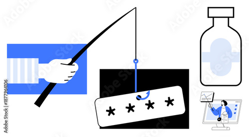 Cybersecurity threats. Phishing attack using password bait, online security vulnerabilities, and implications for personal data theft. Cybersecurity for digital safety, IT, education, apps, awareness