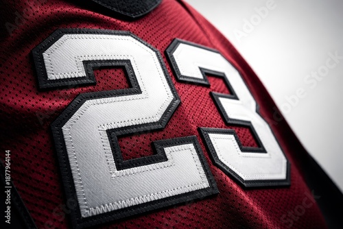 close view of red football jersey showing the number 23 worn during super bowl event with emphasis on the stitching and fabric