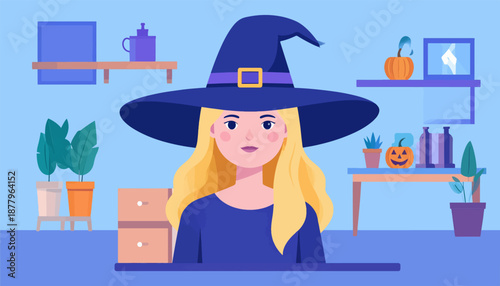 Flat illustration of a blonde witch with a hat and Halloween decor