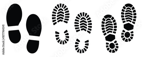 Footprint icons vector set, human foot and shoe prints, clean flat vector illustrations