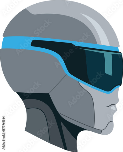 Futuristic robot head profile with blue visor and gray metallic finish cyborg android